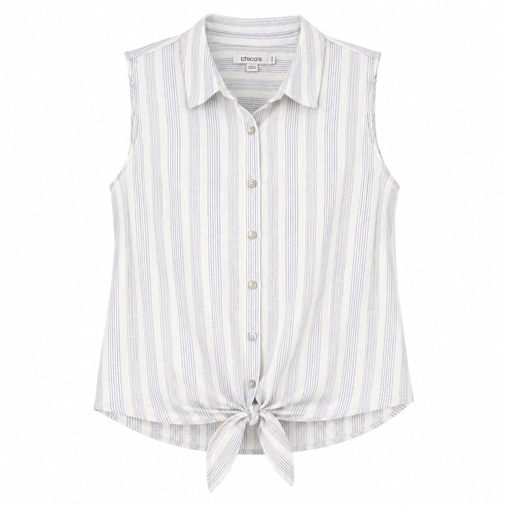 Chico's Blue White Striped 100% Linen Sleeveless Tie Front Button Shirt Size 18
